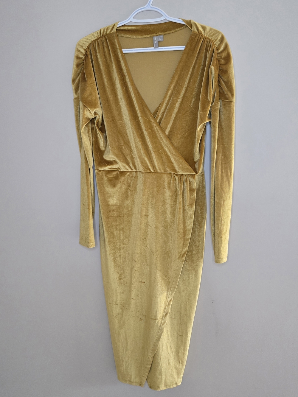 ASOS mustard gold velvet wrap-front long sleeve midi dress, size 8 + new